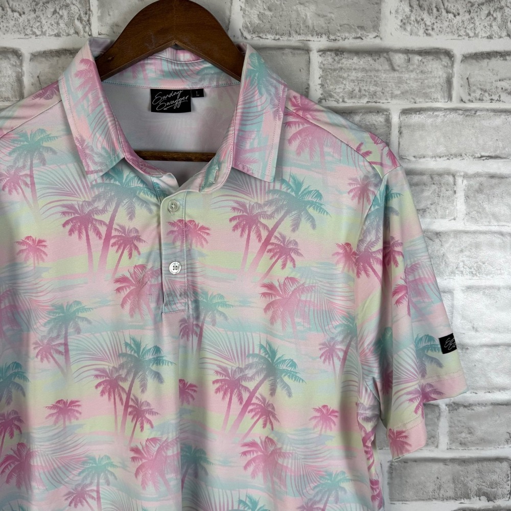 Sunday Swagger Mens Pastel Tropical Palm Tree Golf Polo Shirt Pink Blue Large